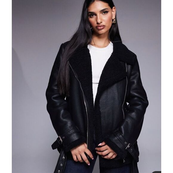 Princess Polly MAUDIE SHEARLING FAUX LEATHER JACKET BLACK NWOT Size M/L - Picture 1 of 10
